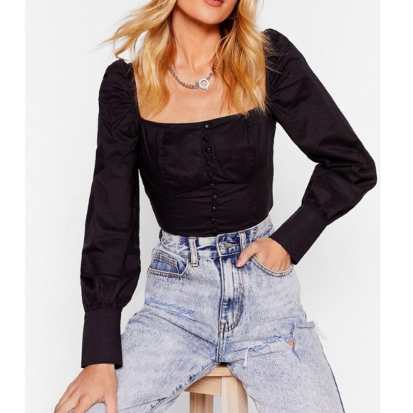 Straight Neckline Crop Top with Blouse Sleeves - Picture 1 of 4